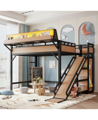 Full Size Metal Loft Bed with Slide, Wardrobe, USB, LED and Pegboard