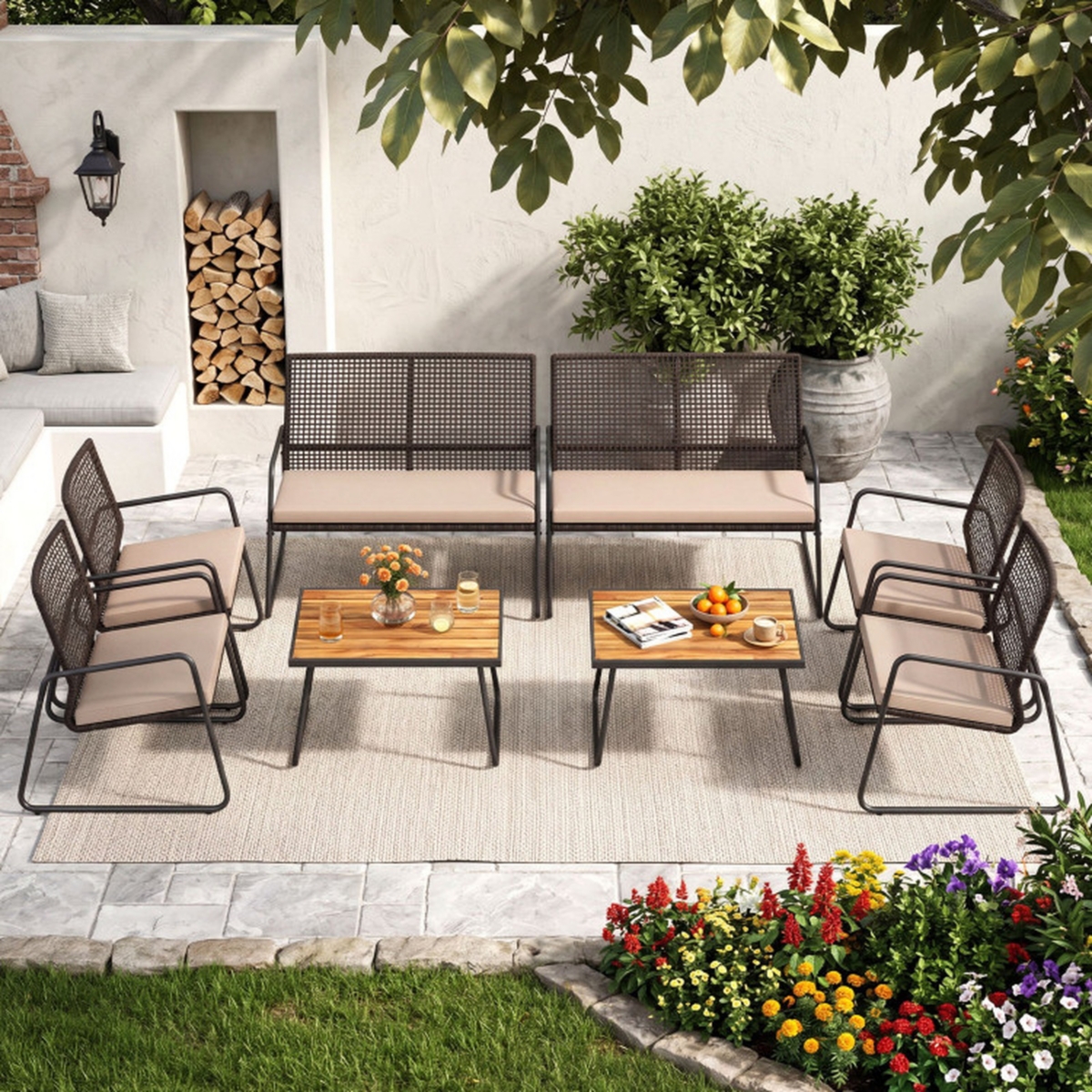 Sugift 8-Piece Patio Rattan Conversation Set with Acacia Wood Table