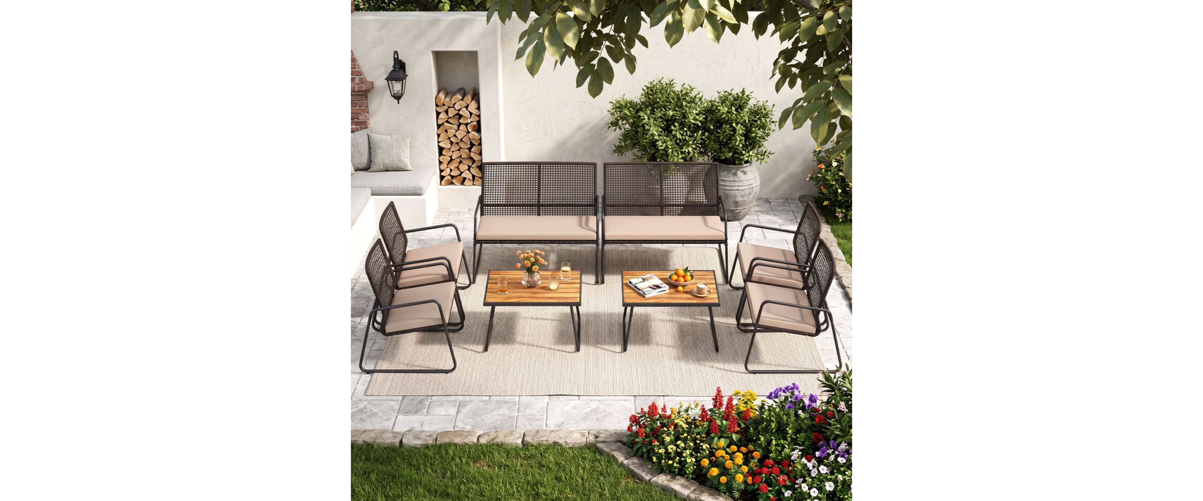 Sugift 8-Piece Patio Rattan Conversation Set with Acacia Wood Table