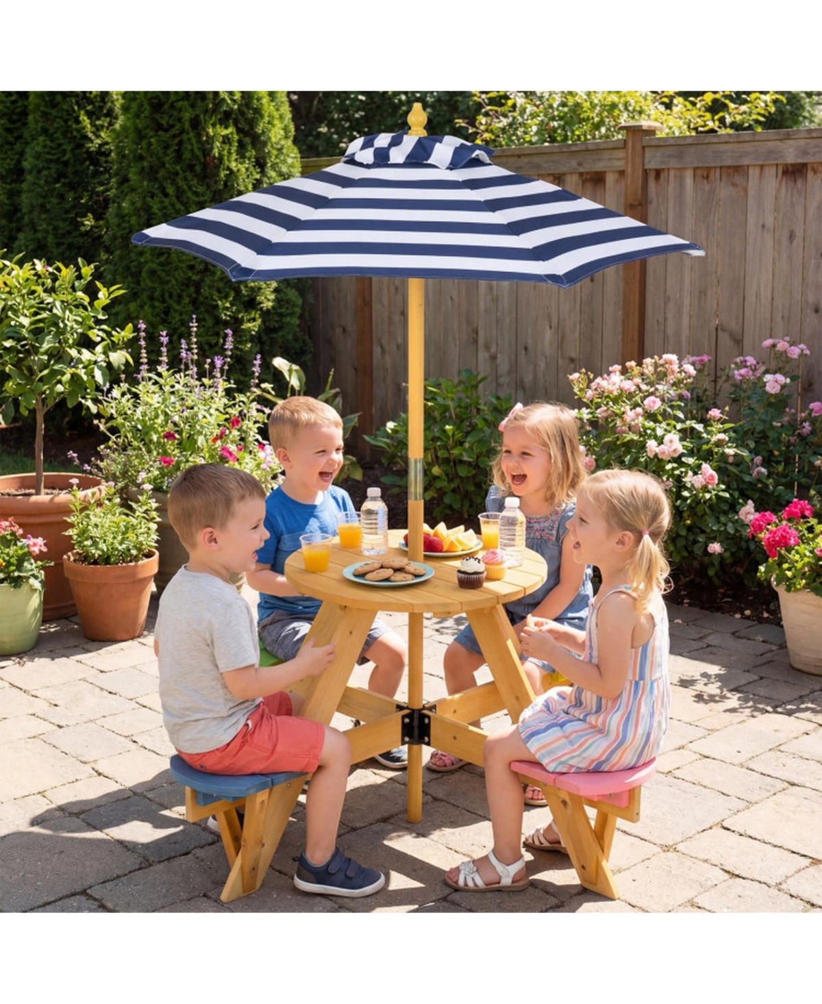 Sugift Kids Round Picnic Table with 4 Built-In Stools and Height Adjustable Umbrella