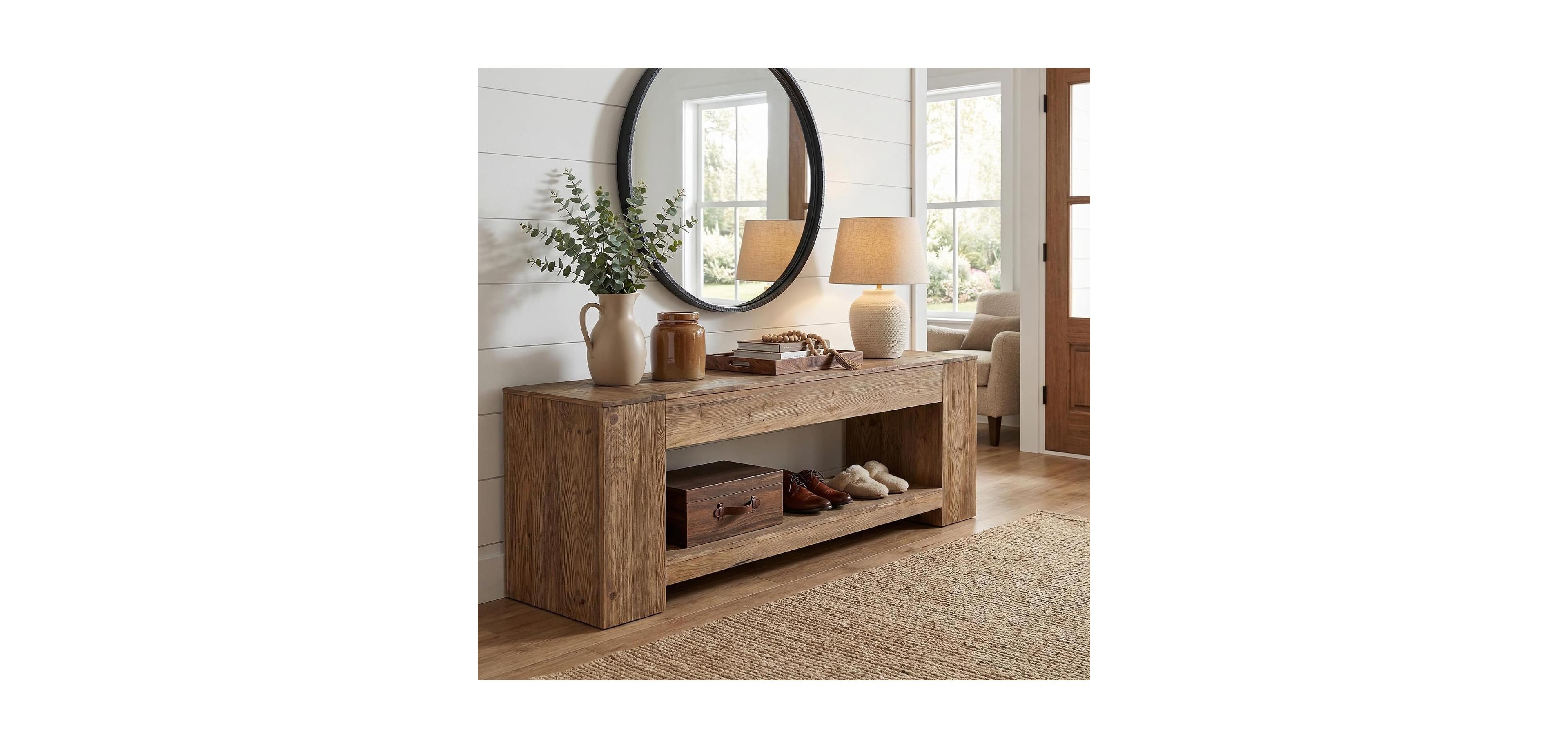 63" Solid Wood Console Entryway Table, Rustic Farmhouse Sofa Table with Low Open Storage for Living Room, Behind The Couch, Hallway, Easy Assembly