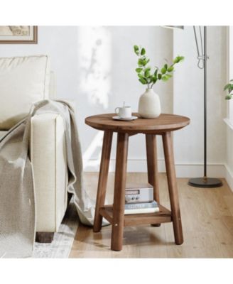 Solid Wood Round Side Table, 2-Tier Small End Table with Storage Shelf, Farmhouse Nightstand for Small Spaces, Living Room, Bedroom