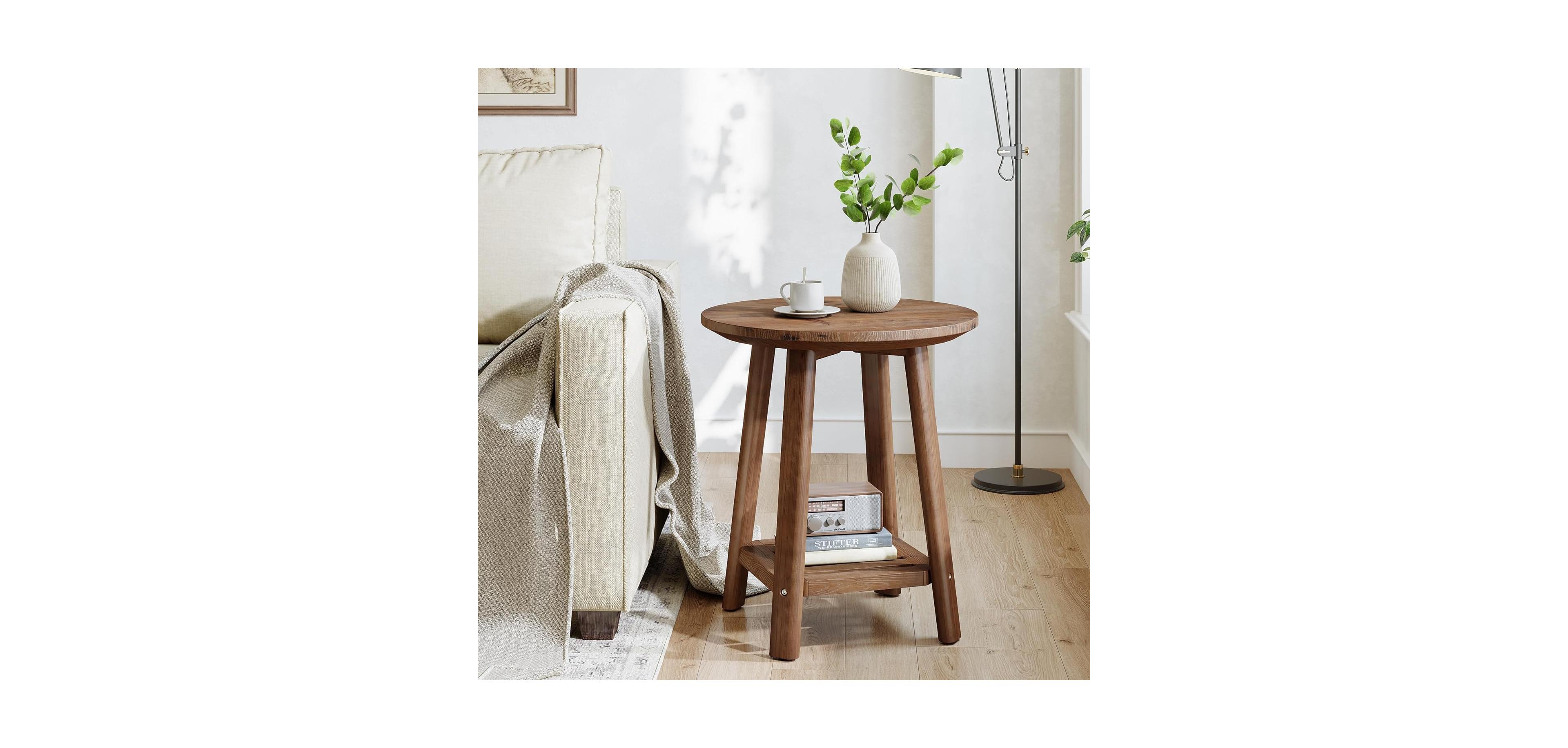 Tribesigns Solid Wood Round Side Table, 2-Tier Small End Table with Storage Shelf, Farmhouse Nightstand for Small Spaces, Living Room, Bedroom
