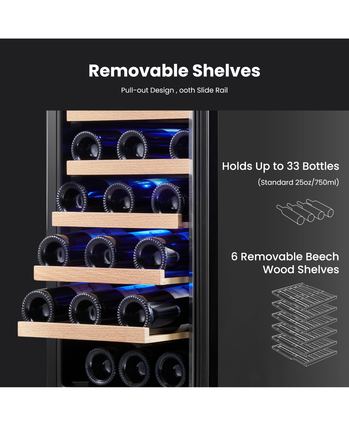 Yeego 15" Wine Cooler Single Zone Refrigerator 33 Bottles 40degree(s)F-65degree(s)F Wine Fridge, 6 Adjustable Shelves,Glass Door,Lights Home/Bar