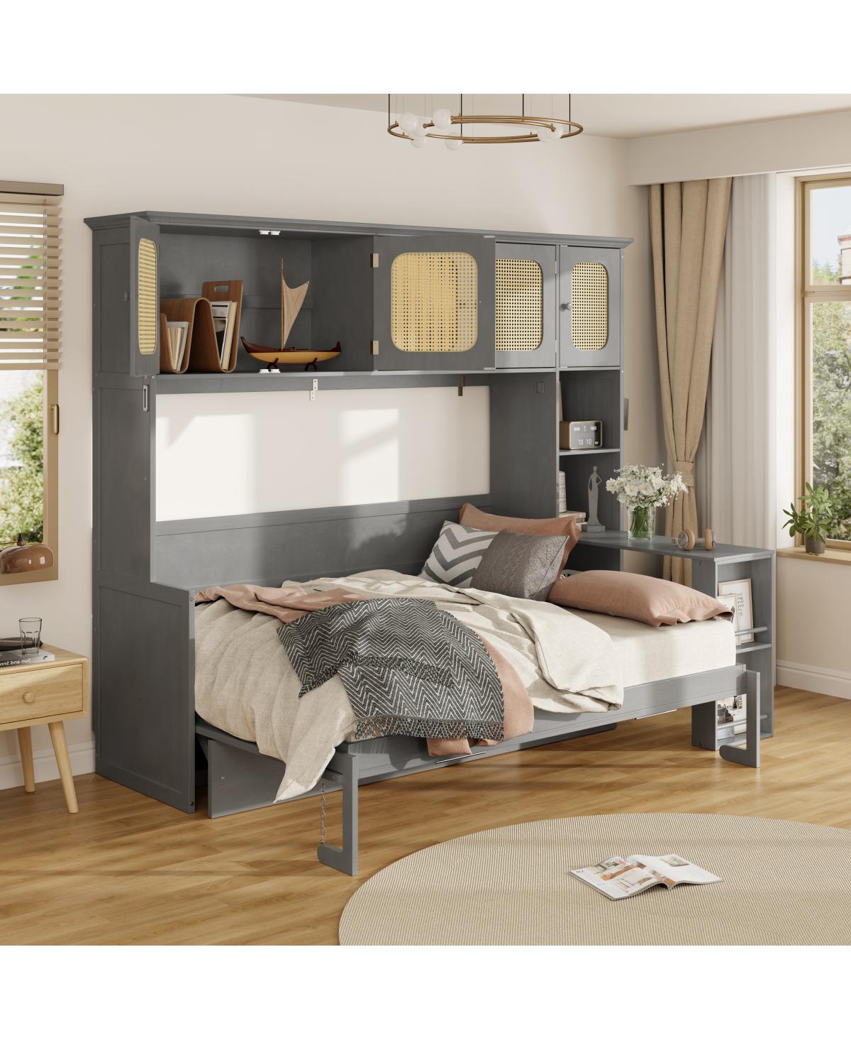 Streamdale Furniture Murphy Bed with Desk and Rattan Cabinets