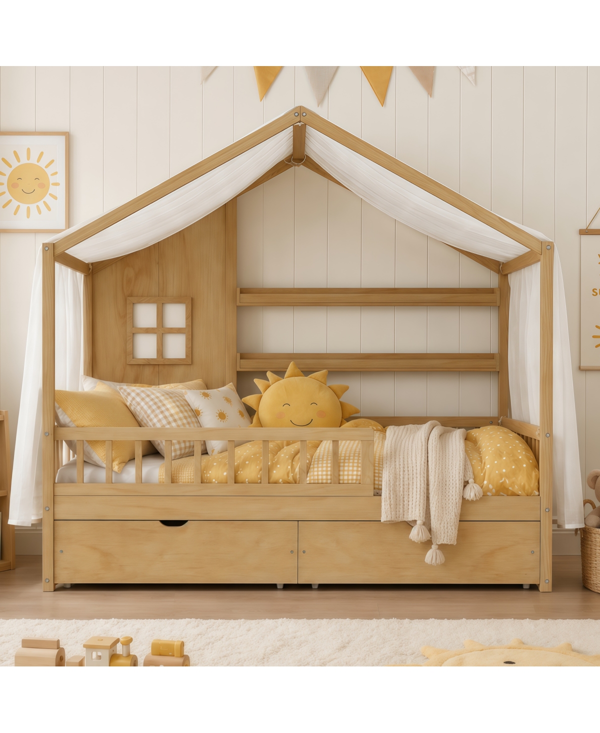 Streamdale Furniture Montessori Kids Full Floor Bed with Roof, Guardrails and 2 Drawers