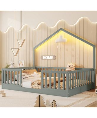 Wooden Floor Bed with High Rails and Light for Kids