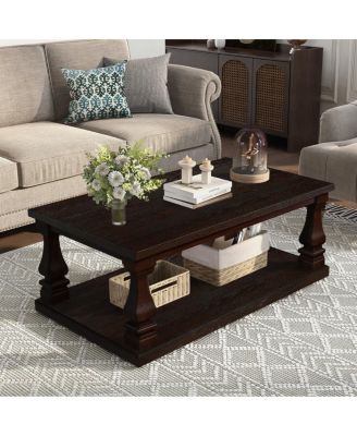  Farmhouse 46" Wood Coffee Table with Storage Shelf, Espresso