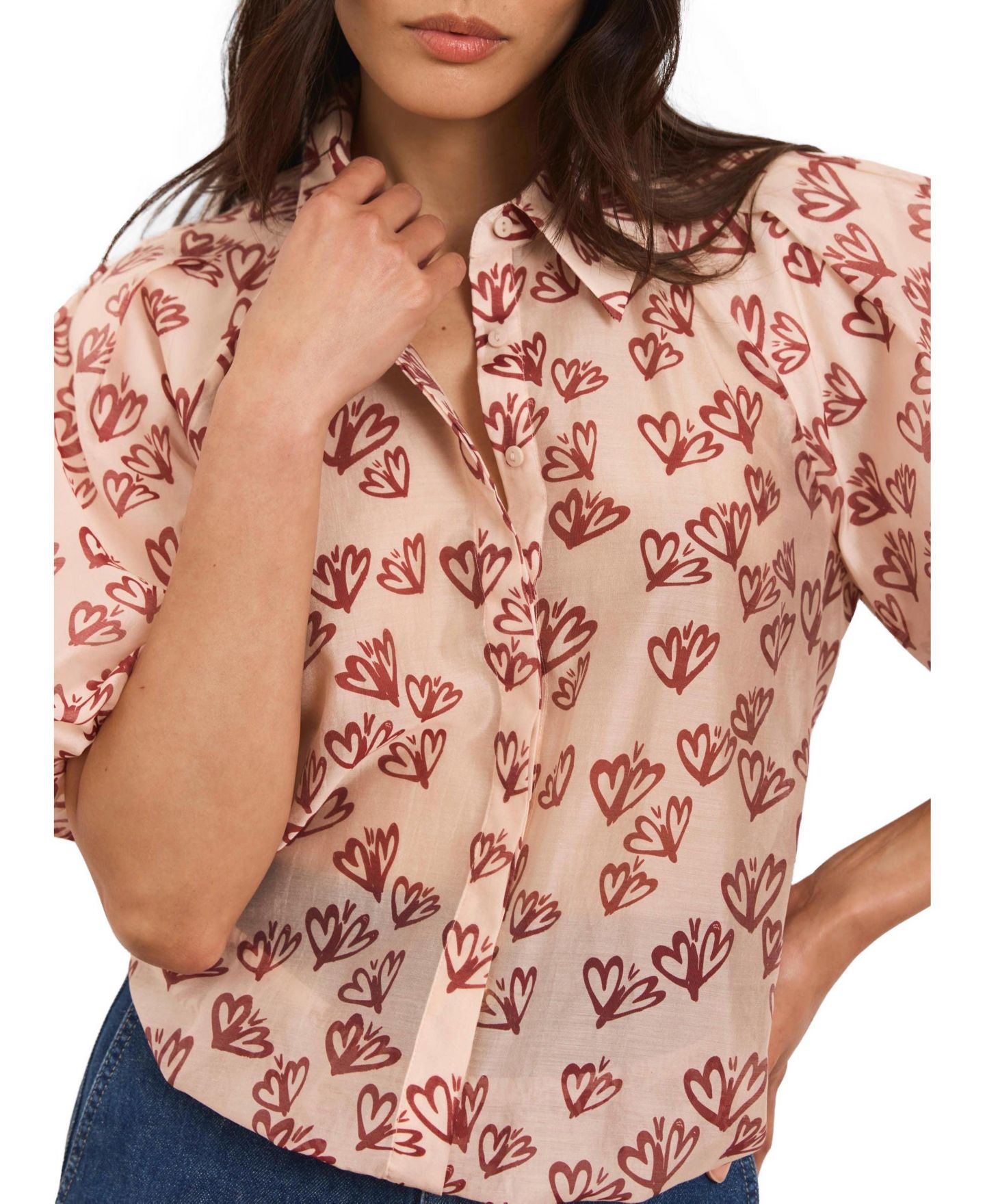 Женская блузка Mint Velvet Heart-Print Puff-Sleeve, цвет: Светлый розовый — фото 3