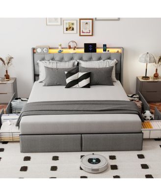  Full Size Metal Bed Frame with LED Storage Headboard and 4 Drawers