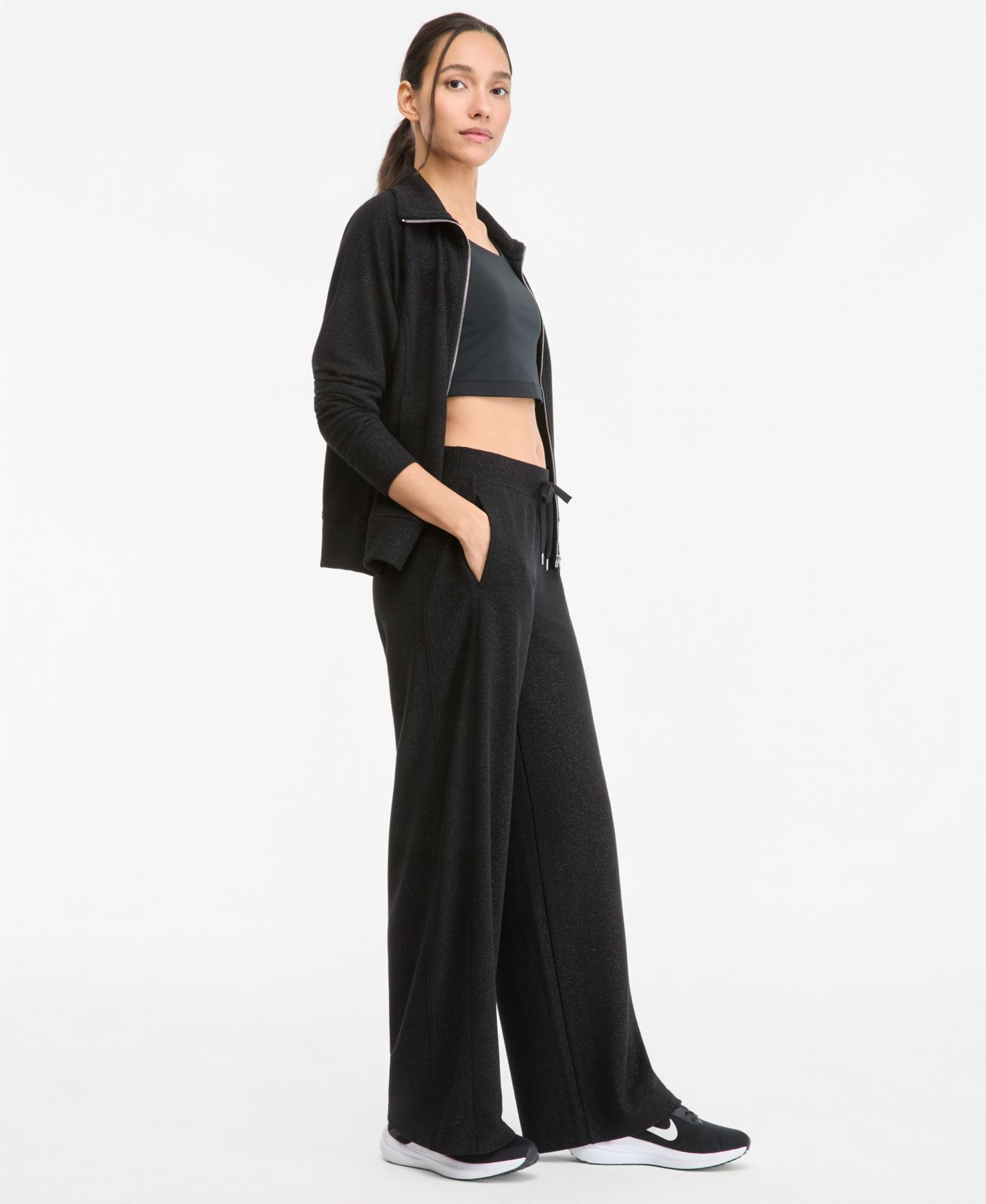 Женские брюки ID Ideology Shine Wide-Leg Ottoman-Rib, цвет: Глубокий чёрный — фото 2