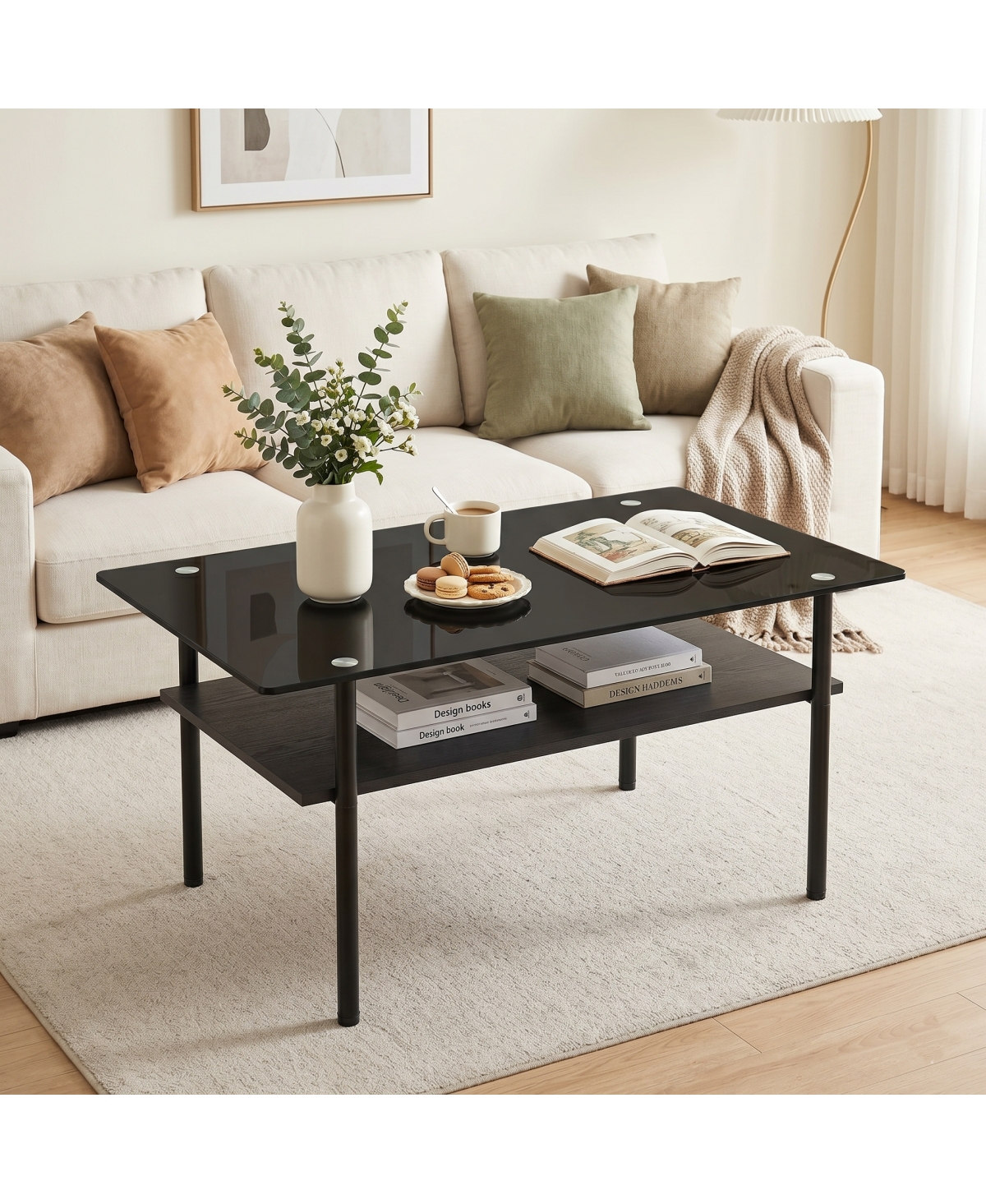 Streamdale Furniture Modern Glass Coffee Table with Wood Shelf, Metal Legs, 38.6