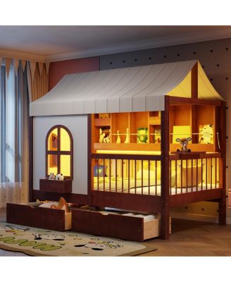  Twin House Bed with Drawers, LED Bookshelf