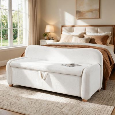 55 Inch White Storage Bench with Backrest, Ottoman Bench