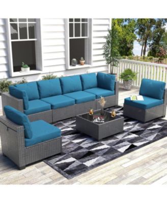 Patio Funiture Set 7 Pieces Outdoor Rattan with Detachable Soft Cushions Patio Conversation Sets Waterproof Patio Sofa Dark Curry