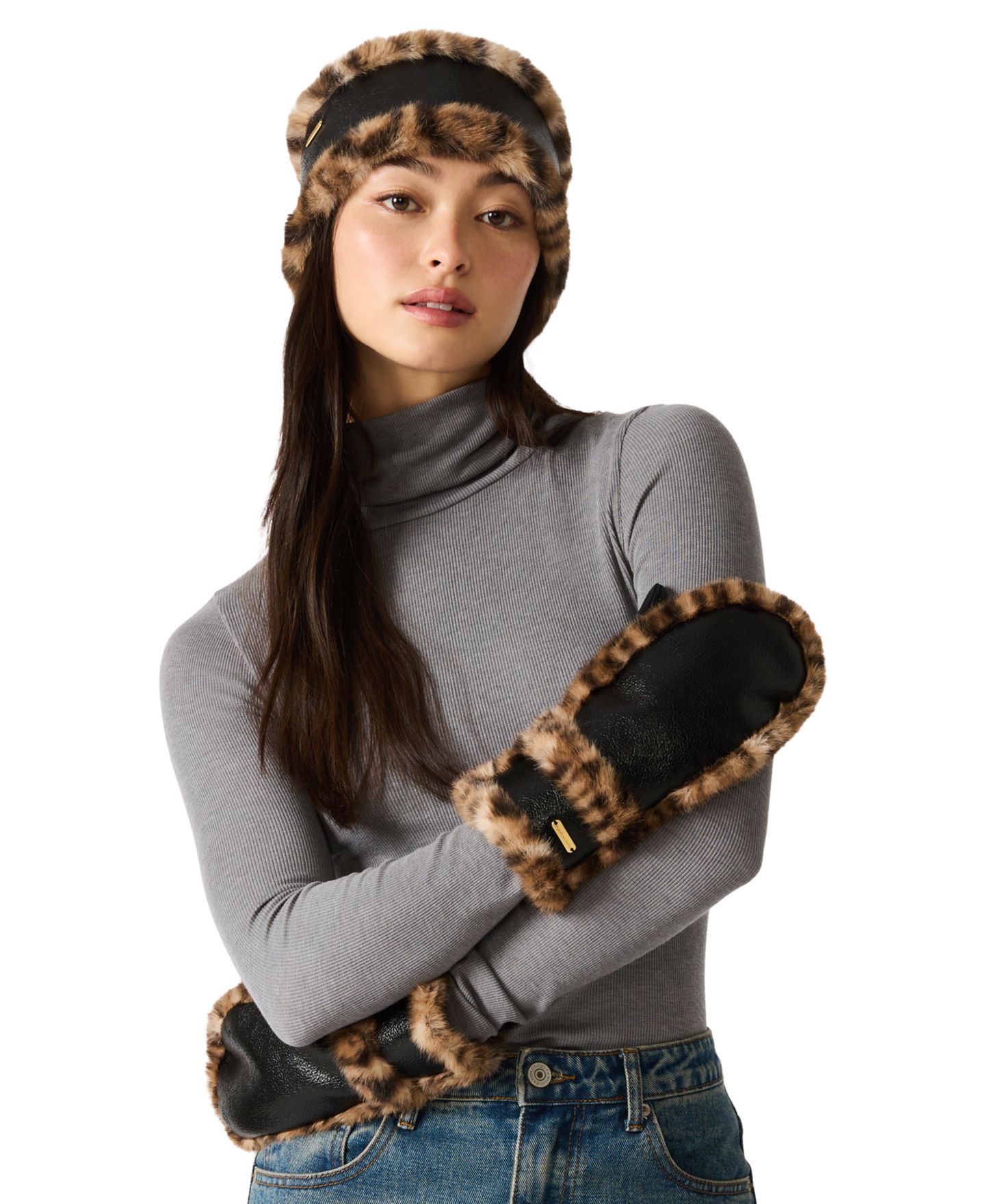 Женские комплекты Steve Madden Animal Fur Headband and Mittens Set, цвет: Чёрный леопардовый — фото 3