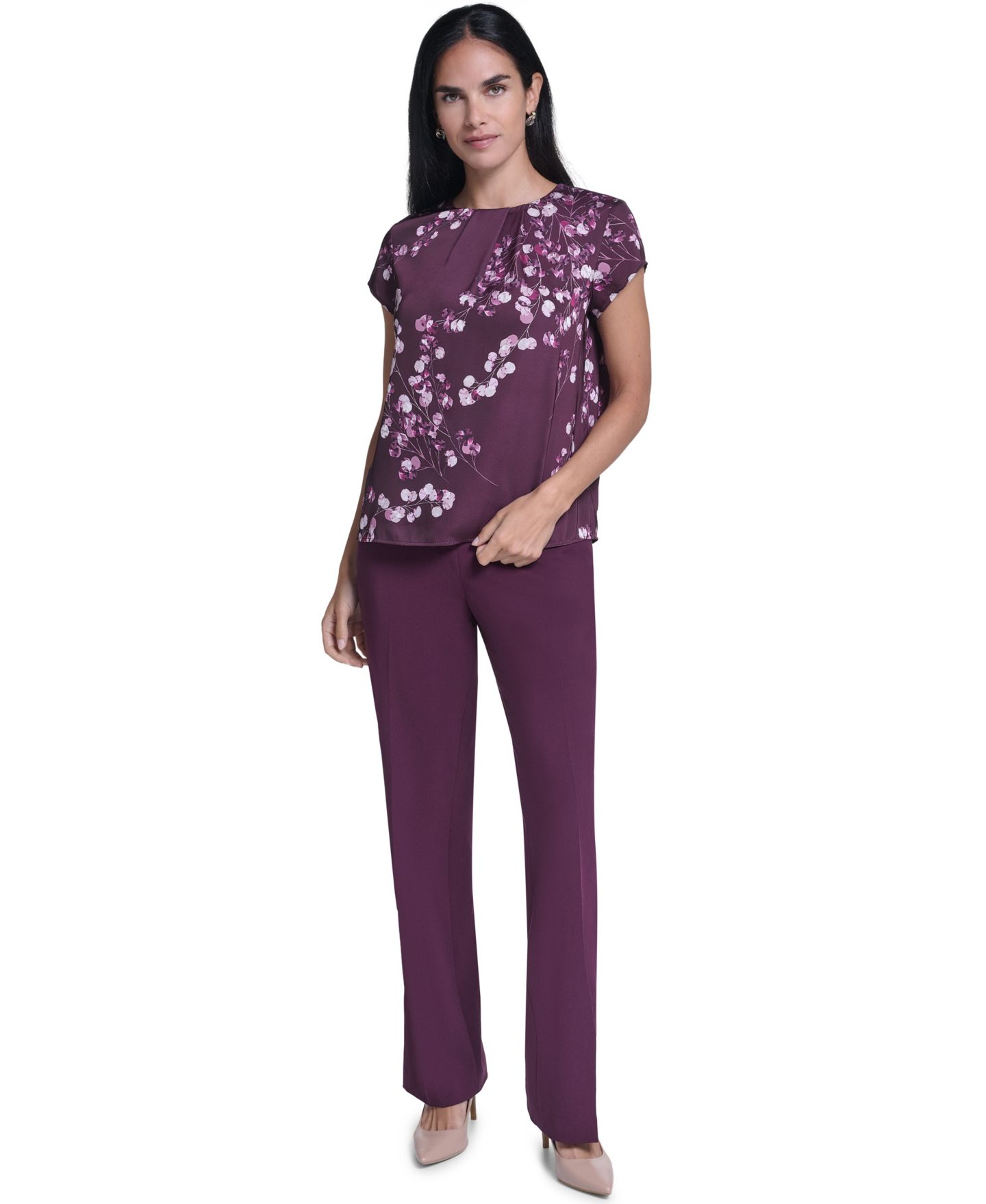 Женская блузка Calvin Klein Floral V-Neck Cap-Sleeve, цвет: Разноцветный — фото 2