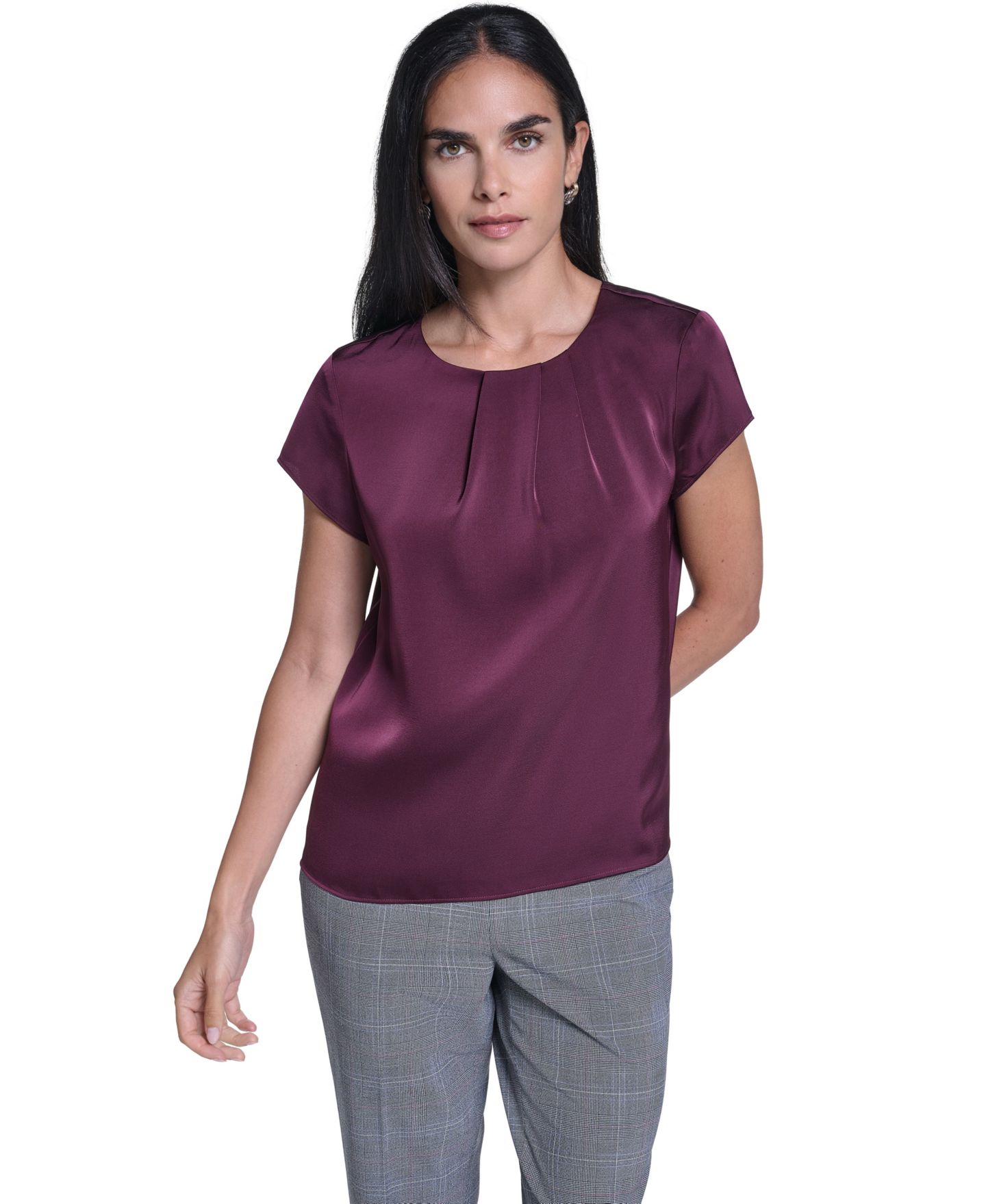 Женская блузка Calvin Klein Cap-Sleeve Crewneck Satin, цвет: Port — фото 1