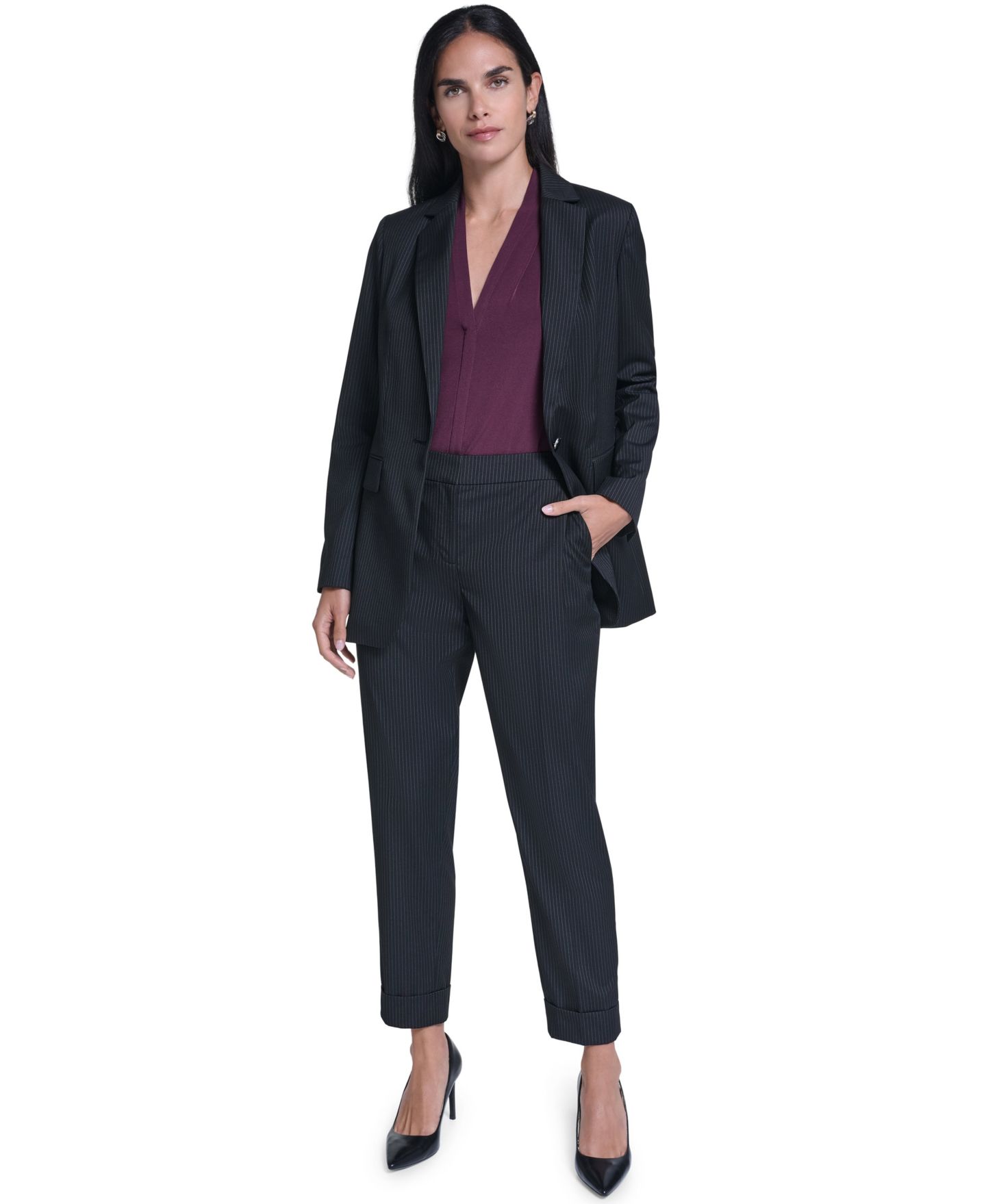 Женский пиджак Calvin Klein Single Button Notch Collar Stripe Blazer, цвет: Чёрный кремовый — фото 2