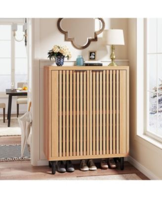 6-Tier Shoe Cabinet: Shutter doors, adjustable shelves. Farmhouse hidden storage for entryway, hallway. Light brown
