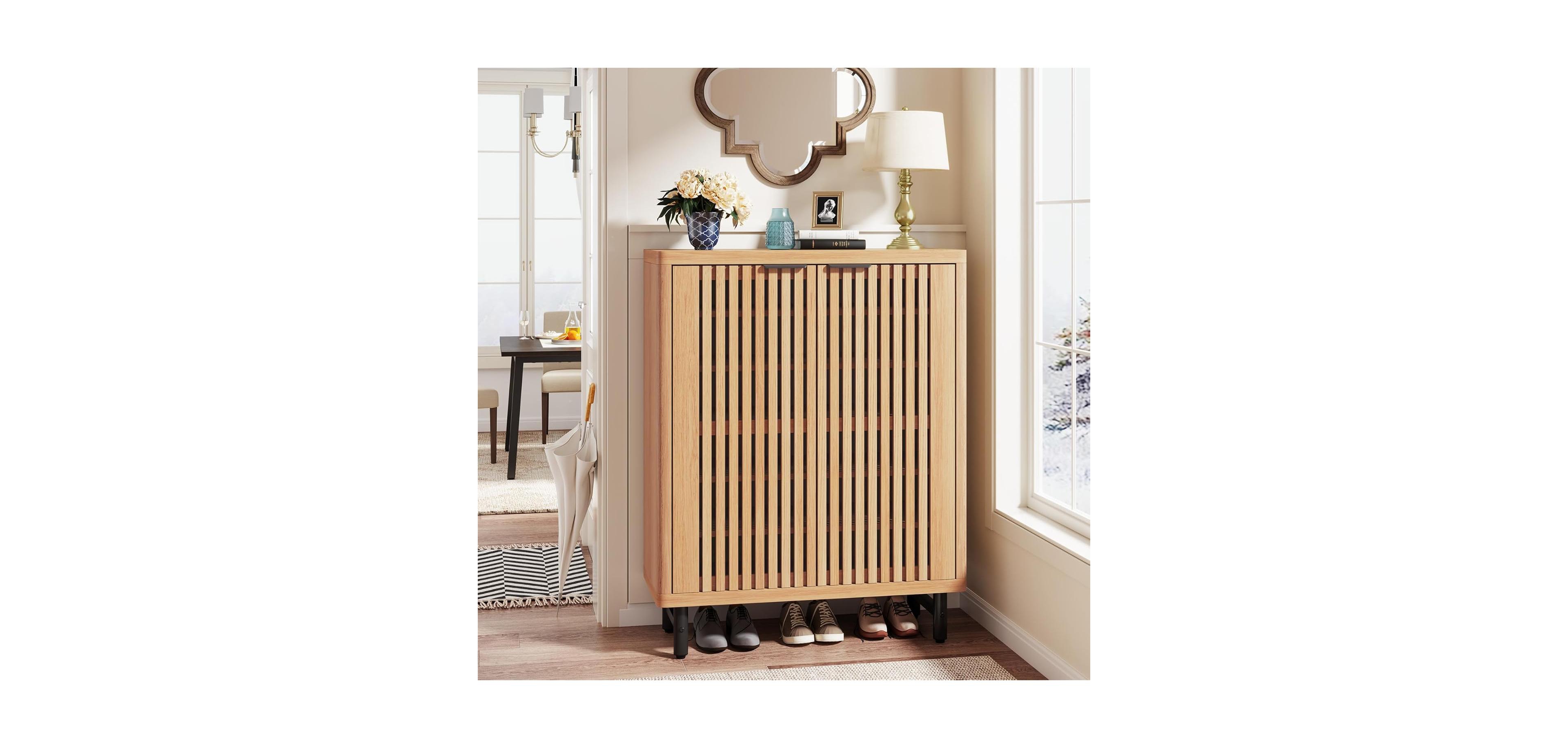 Tribesigns 6-Tier Shoe Cabinet: Shutter doors, adjustable shelves. Farmhouse hidden storage for entryway, hallway. Light brown