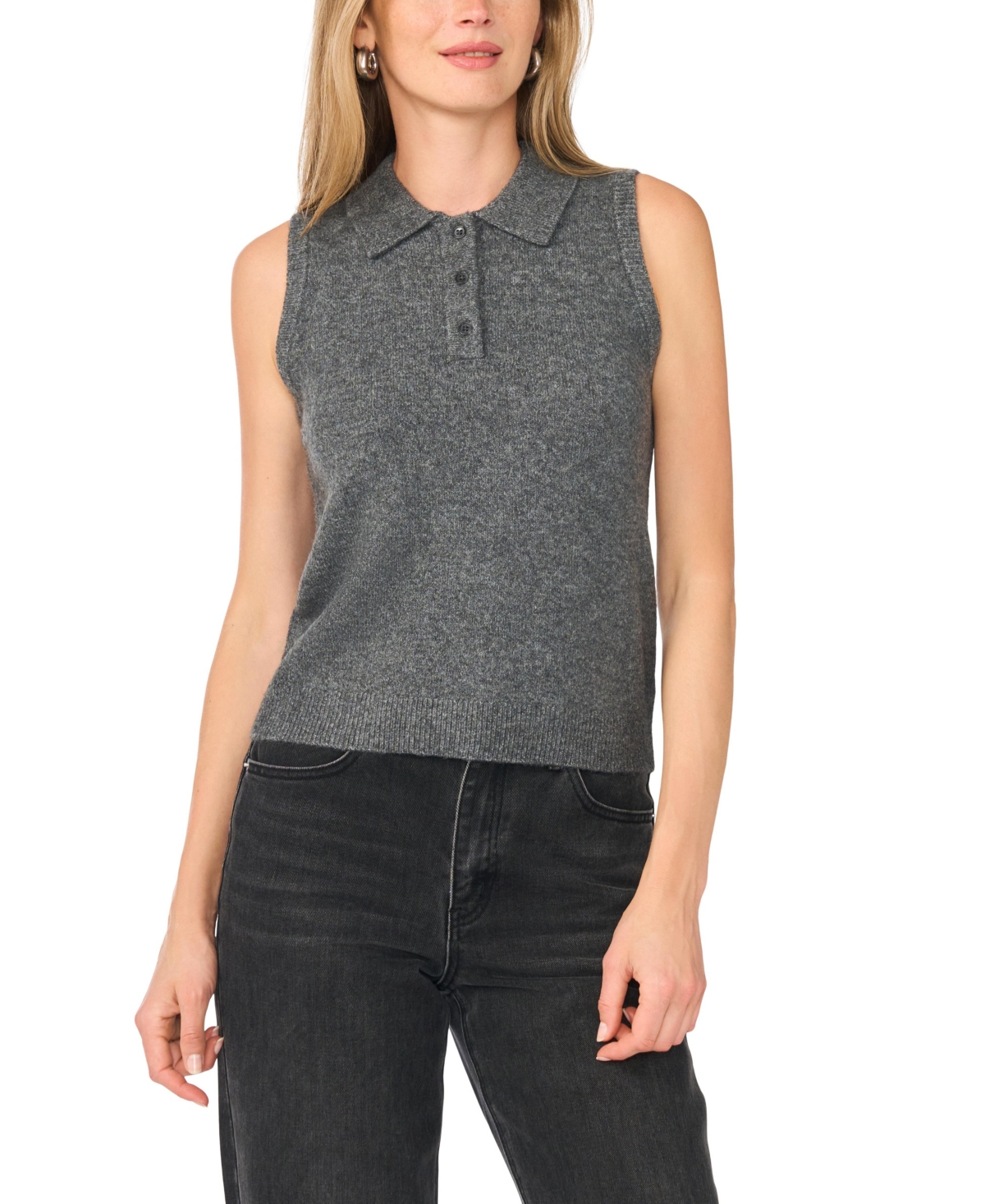 1.state Women's Sleeveless Polo Fitted Sweater In Medium Heather Gray