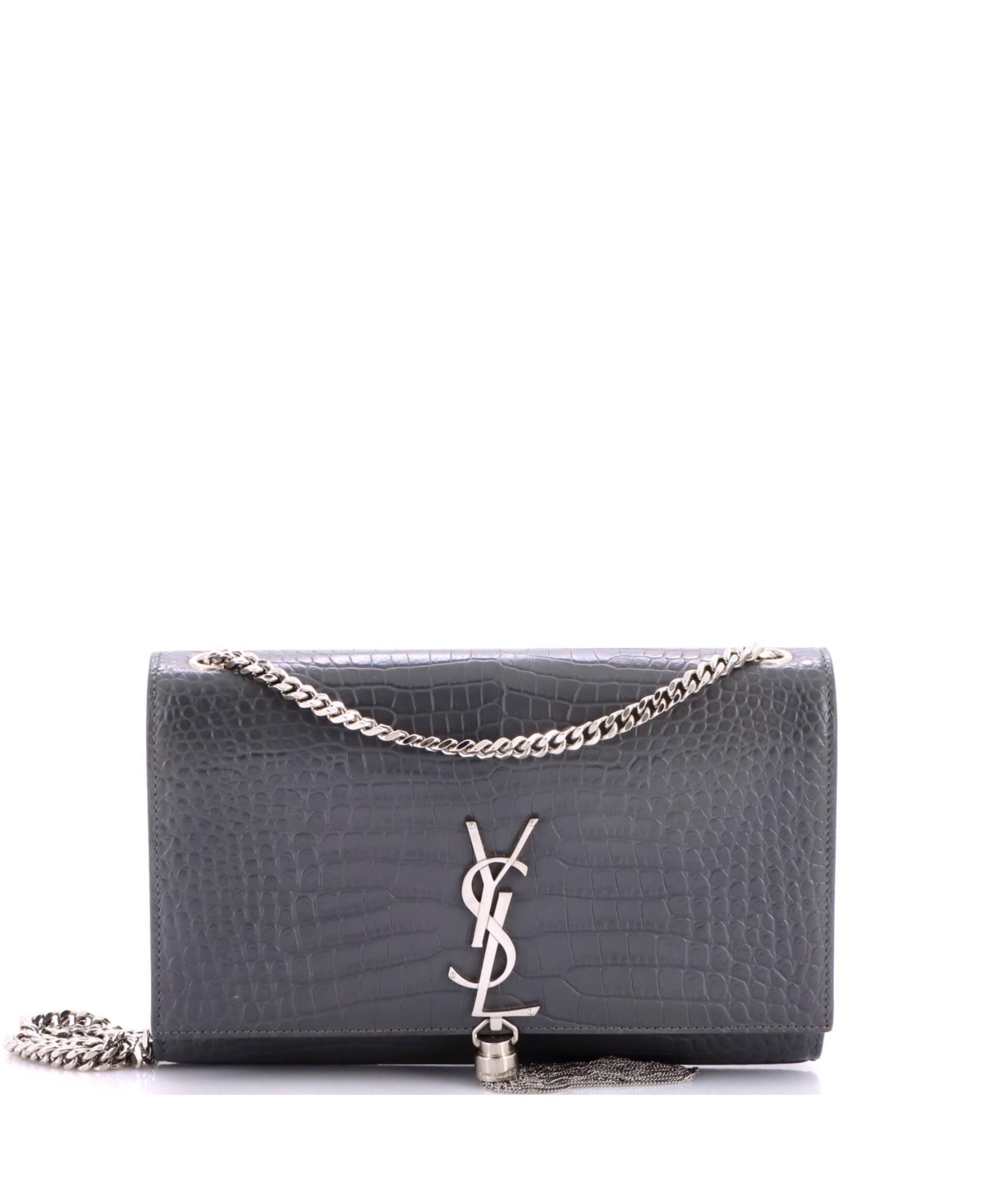 Pre-Owned Saint Laurent Medium Classic Monogram Tassel Crossbody Bag Embossed Leather - Grey