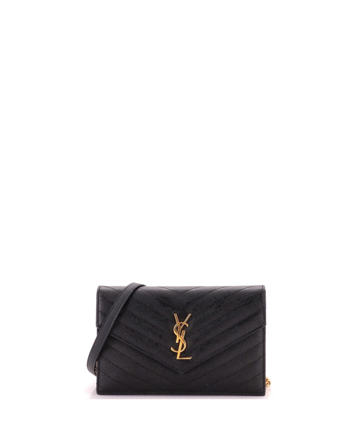 Pre-Owned Saint Laurent Small Classic Monogram Wallet on Chain Matelasse Chevron Leather - Black
