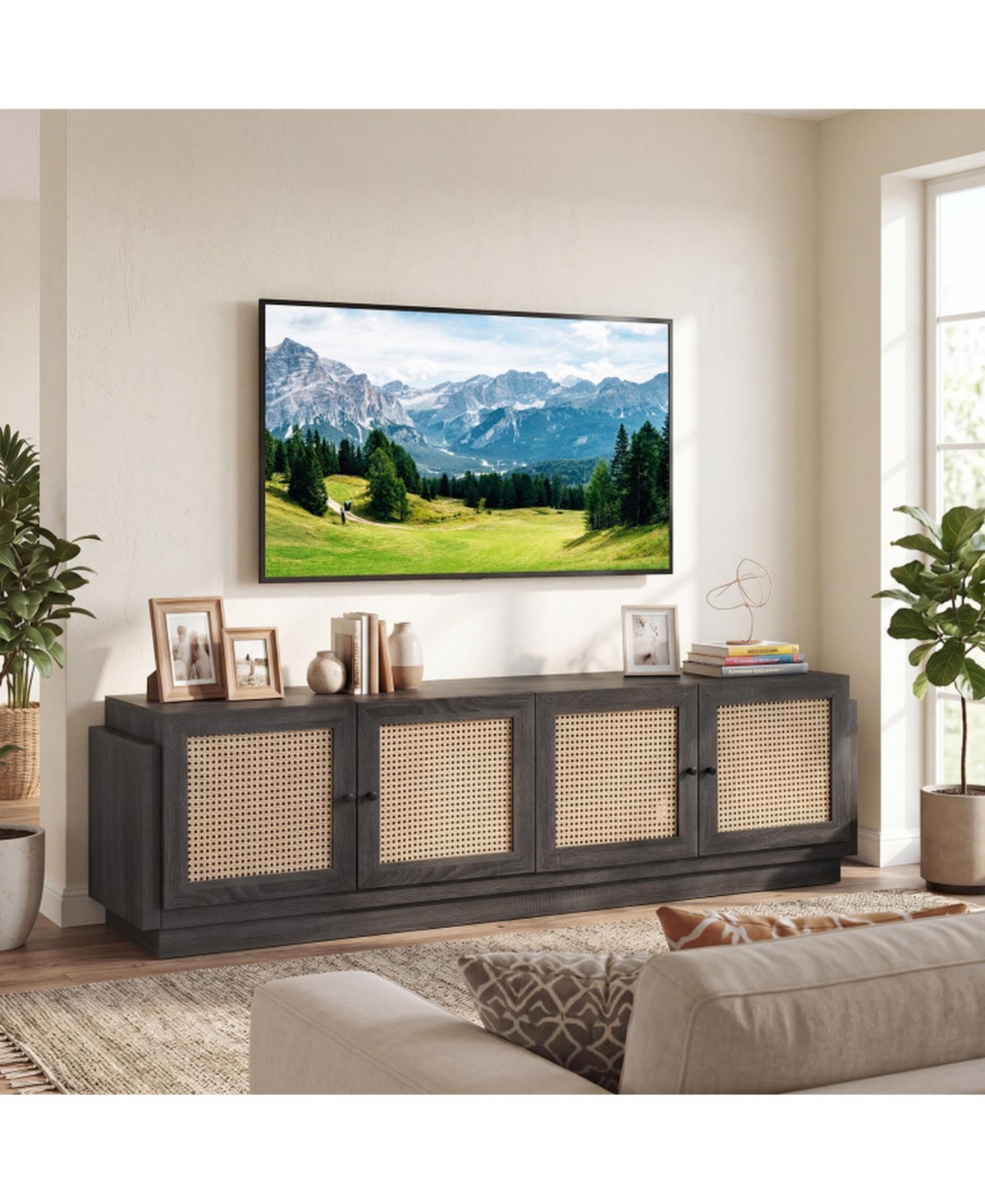 Sugift Farmhouse Tv Stand for TVs with 2 Rattan-Front Cabinets