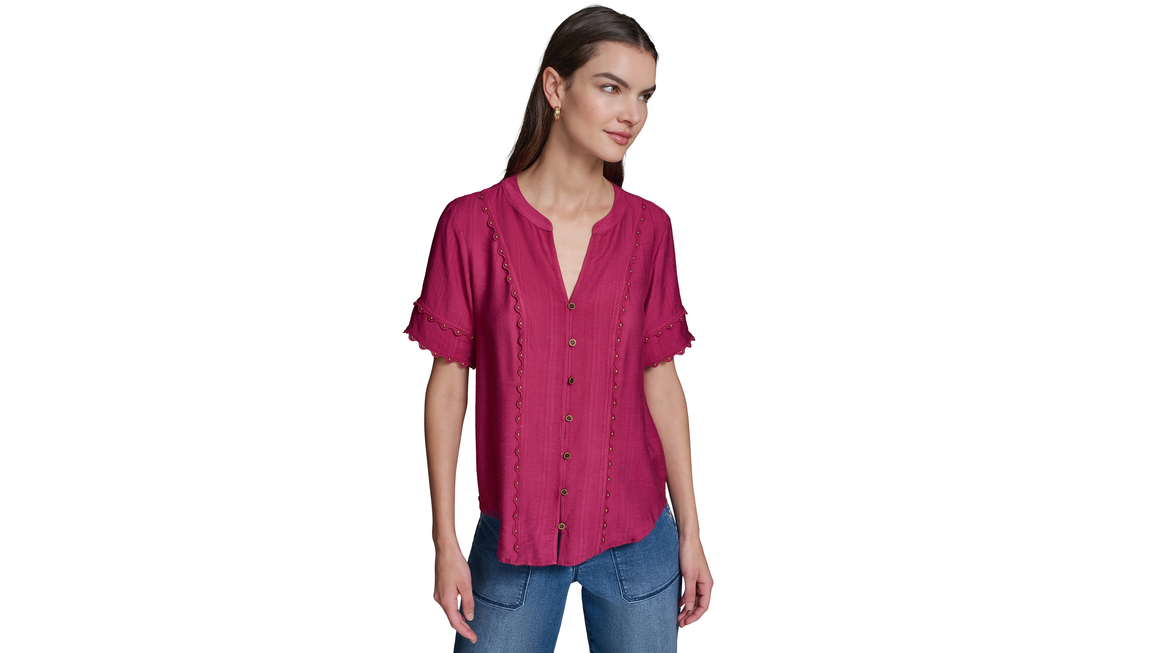Karl Lagerfeld Paris Women's Short-Sleeve Nailhead Trim Woven Top