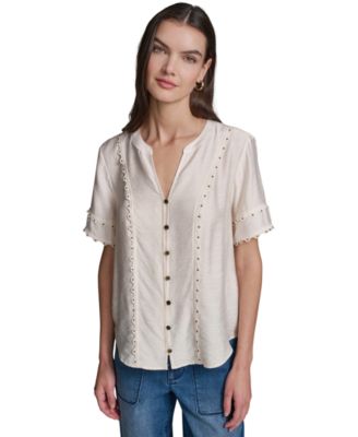 Women's Short-Sleeve Nailhead Trim Woven Top