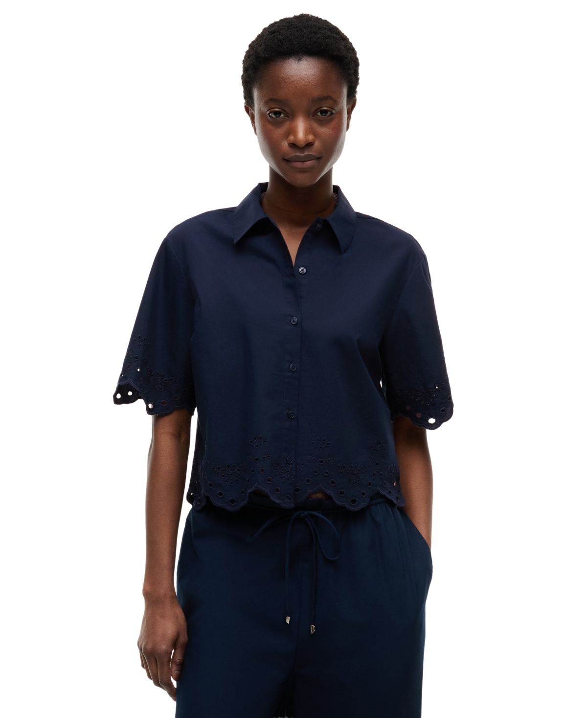 Tommy Hilfiger Women's Broderie Short-Sleeve Cotton Shirt - Dark Night