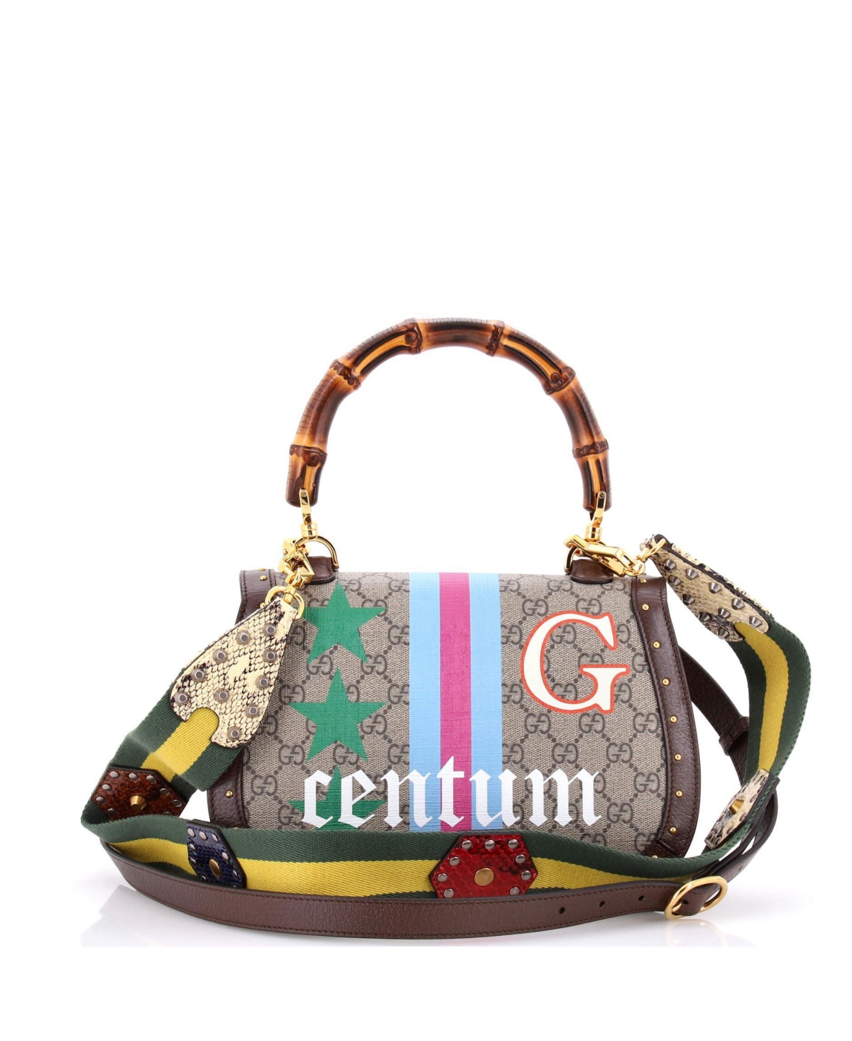 Pre-Owned Gucci Medium Bamboo 1947 Top Handle Bag Printed Gg Coated Canvas and Studded Leather