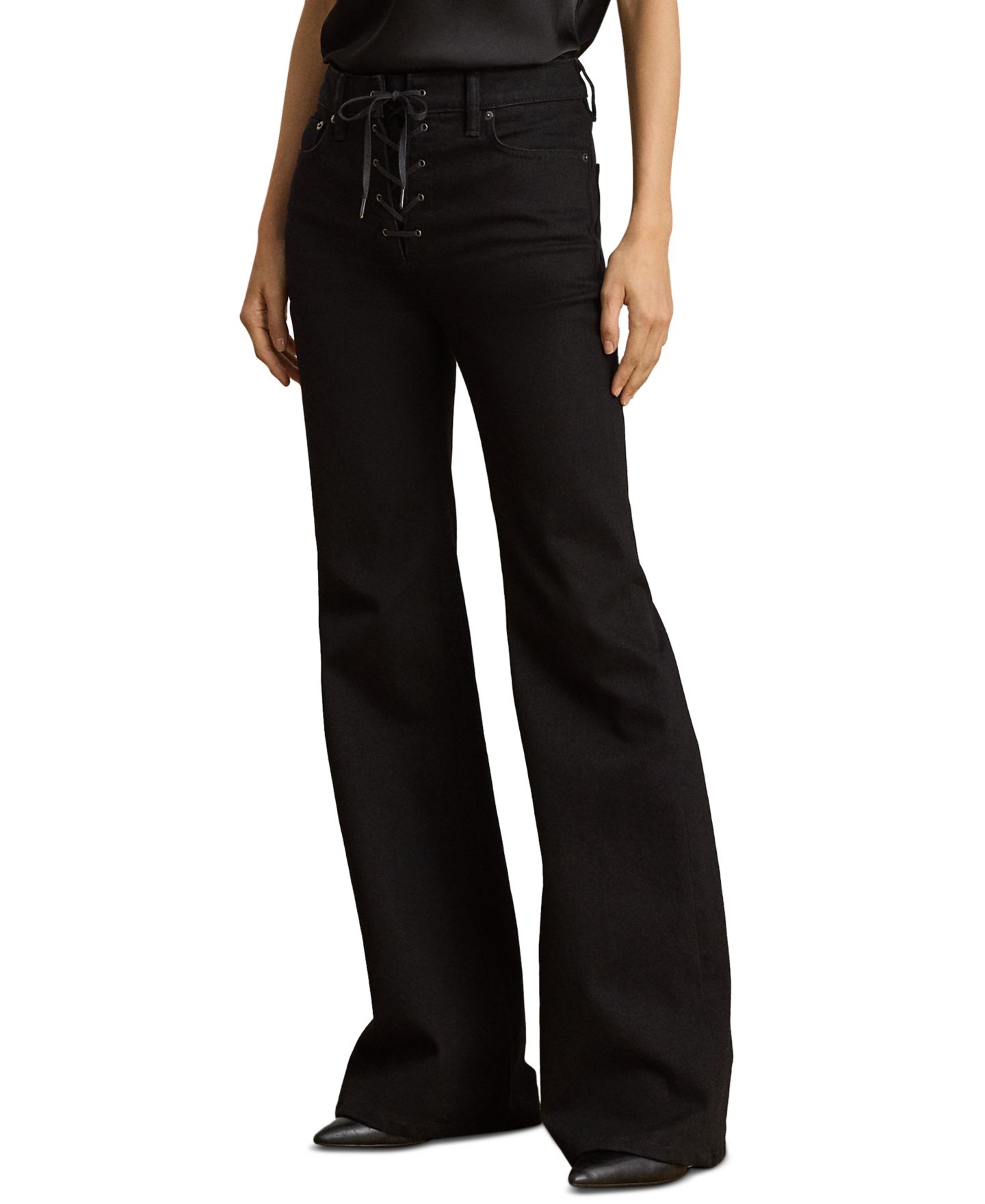 Женские джинсы Lauren Ralph Lauren Petite Lace-Up High-Rise Flare, цвет: Чёрный варёный — фото 1