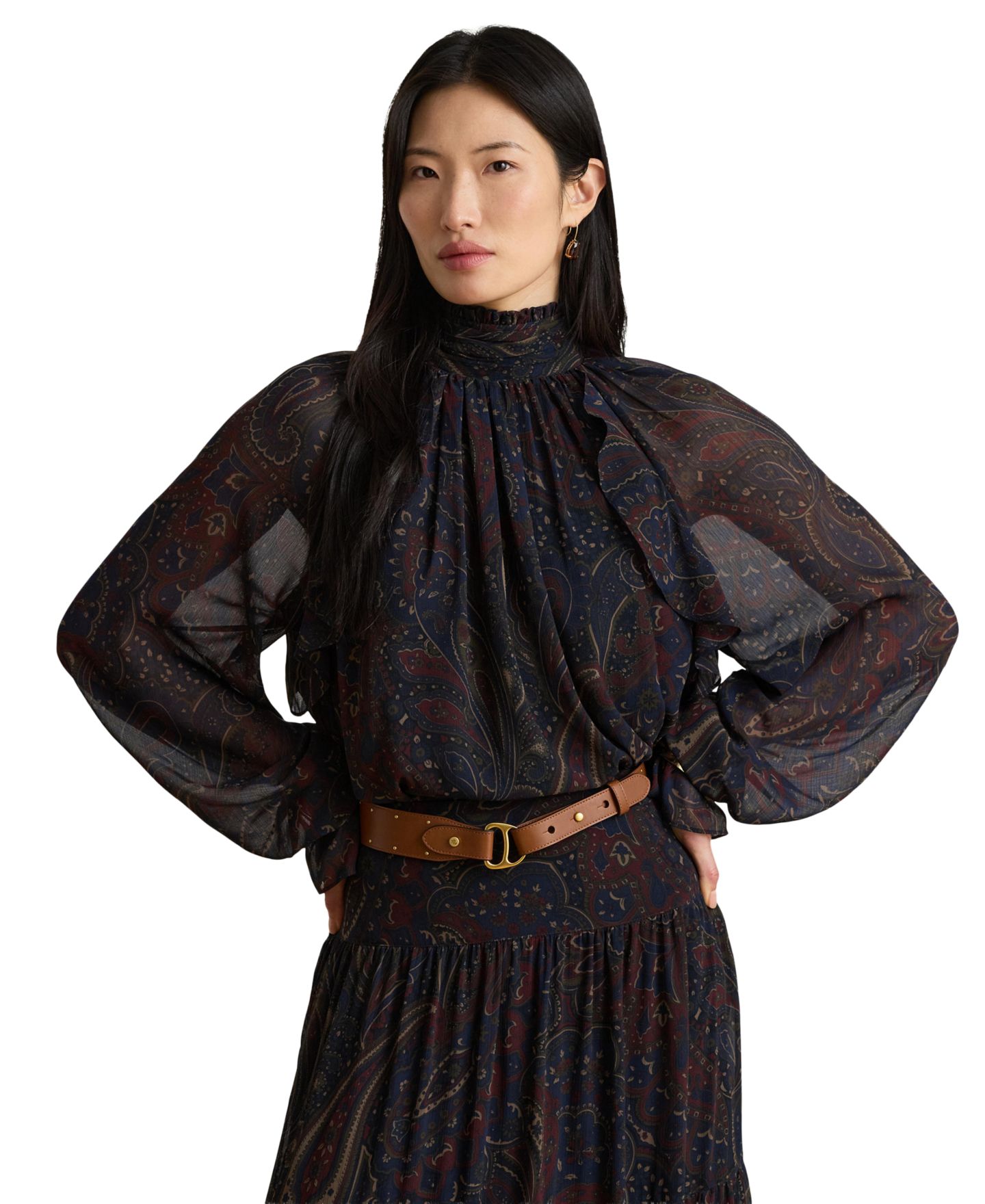 Женская блузка Lauren Ralph Lauren с узором пейсли, воротник-стойка, длинный рукав, цвет: Тёмно-синий разноцветный — фото 1