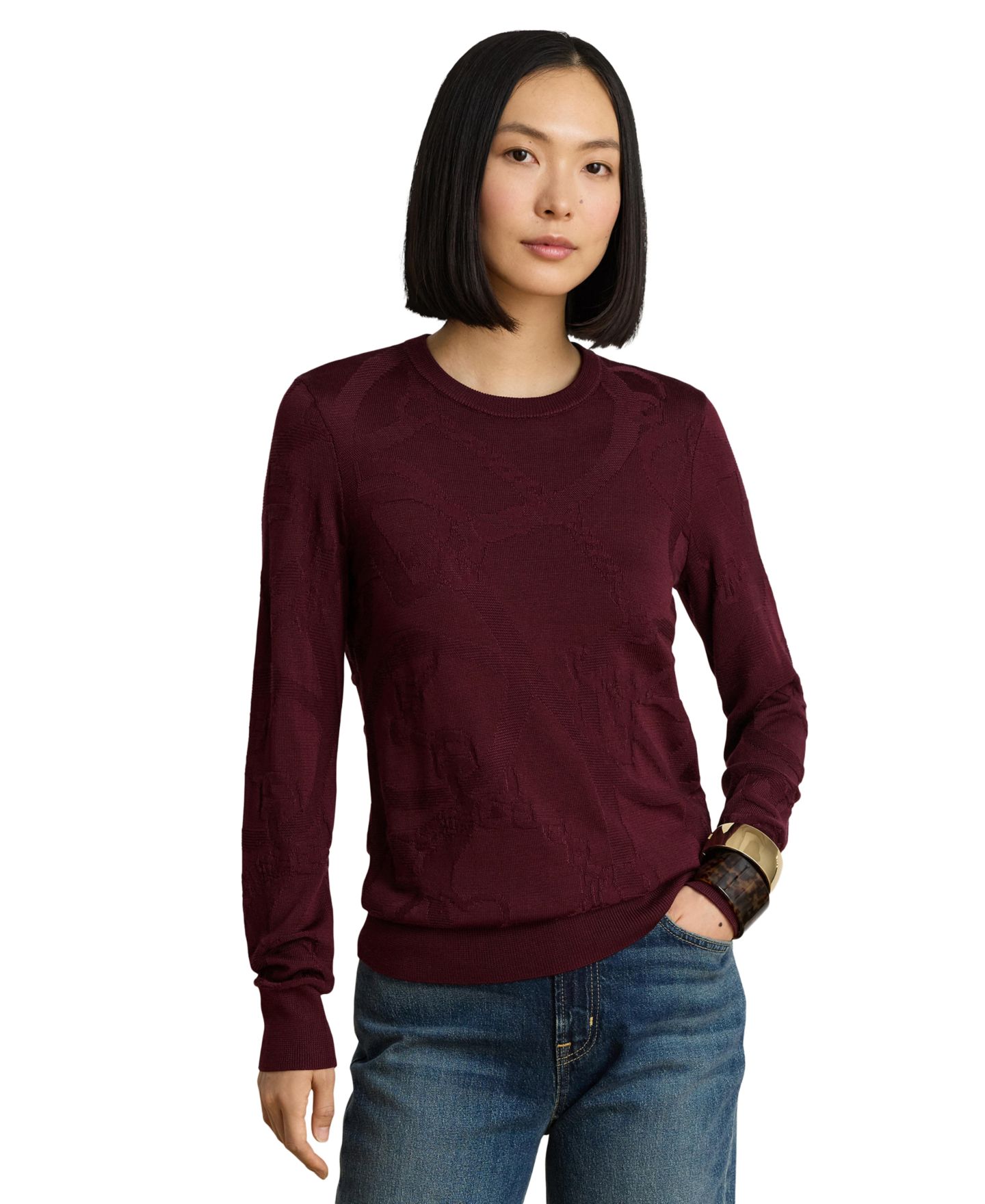 Женский свитер Lauren Ralph Lauren Belting-Motif Slim-Fit Cotton-Blend, цвет: Тёмный гранатовый — фото 1