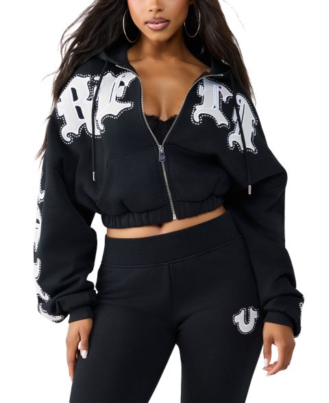 Женское худи True Religion Crystal Patched Relaxed Zip, цвет: Угольно-чёрный