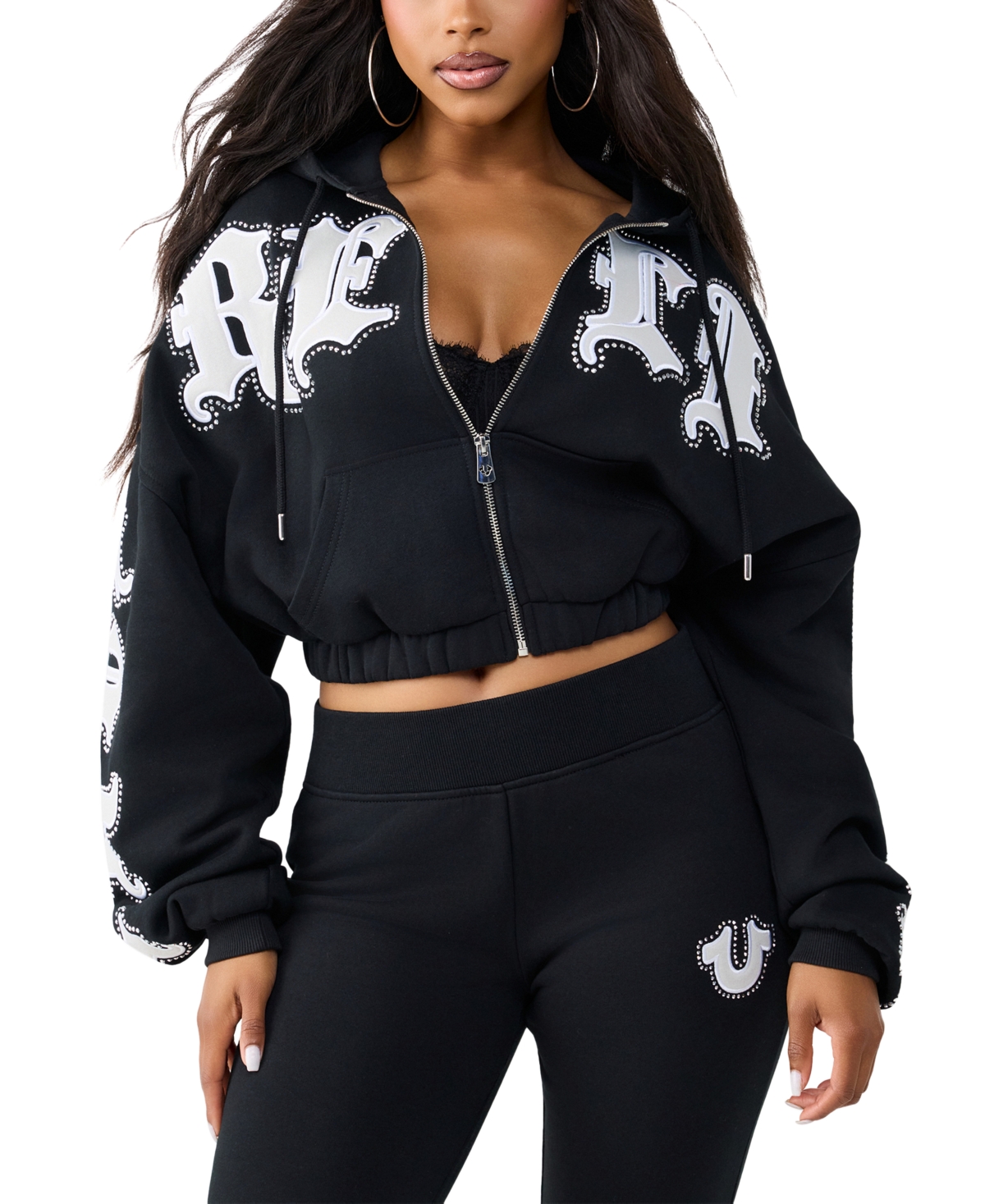 True Religion Women's Crystal Patched Relaxed Zip Hoodie Sweatshirt