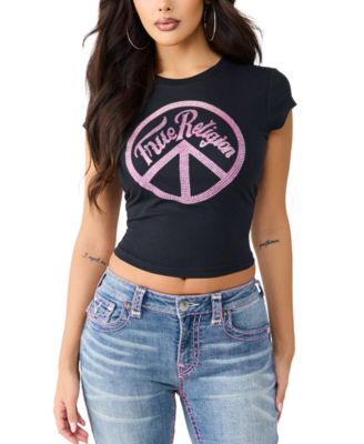 Women's Crystal Peace Sign Graphic Crop Baby T-Shirt