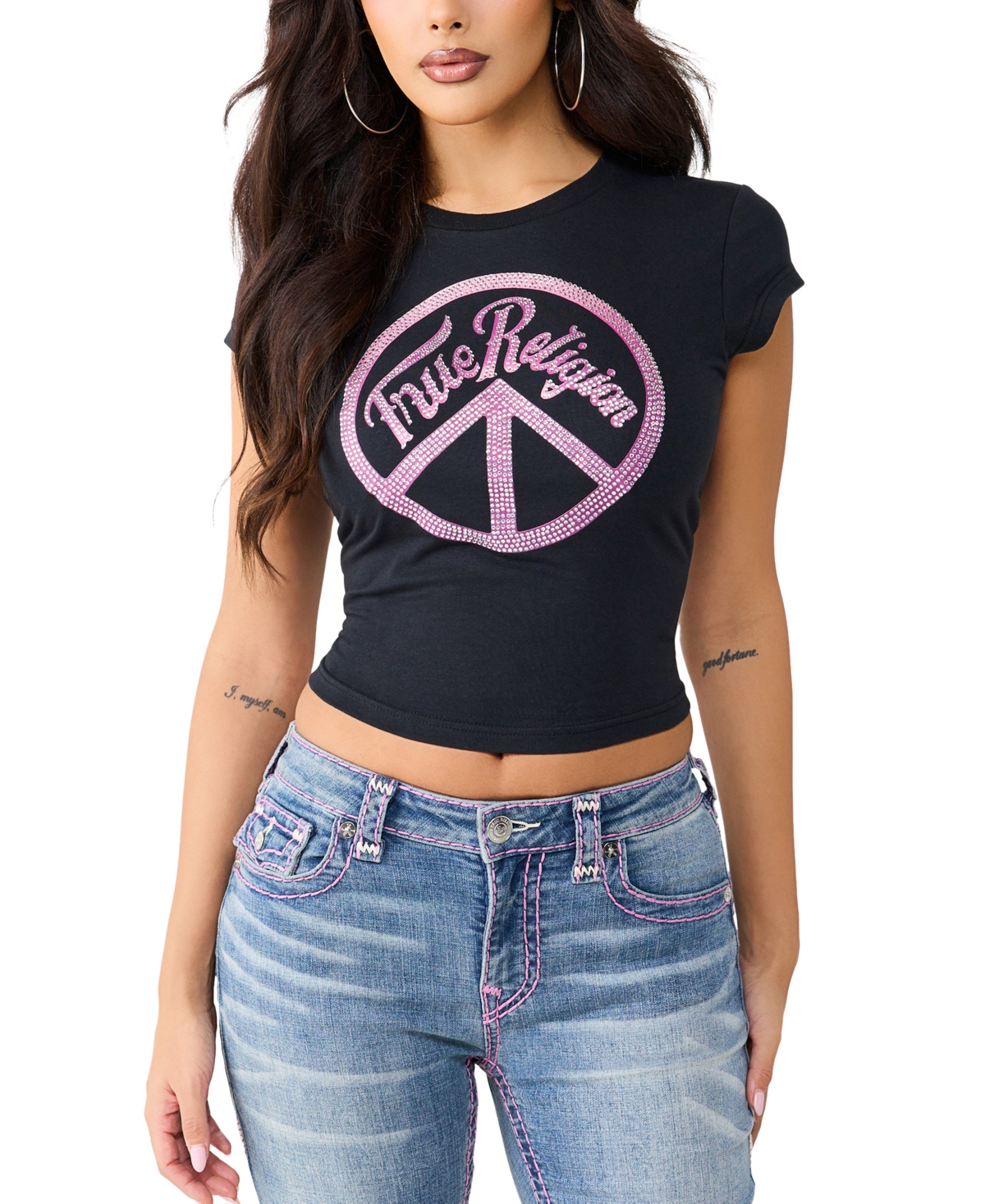 True Religion Women's Crystal Peace Sign Baby T-Shirt