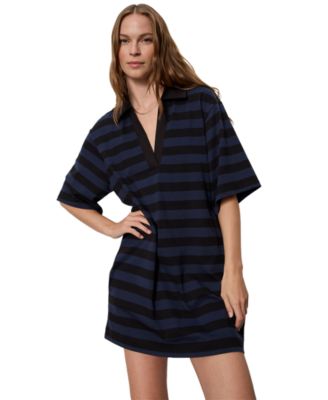 Women's Striped Oversized Spread Collar T-Shirt-Dress