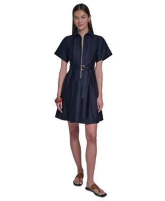 Women's Collared Zip-Front Midi Shirt Dress