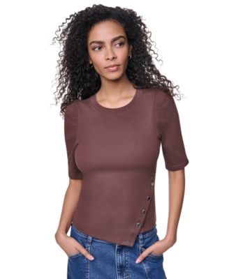 Women's Asymmetric Hemline Puff Elbow-Sleeve Top
