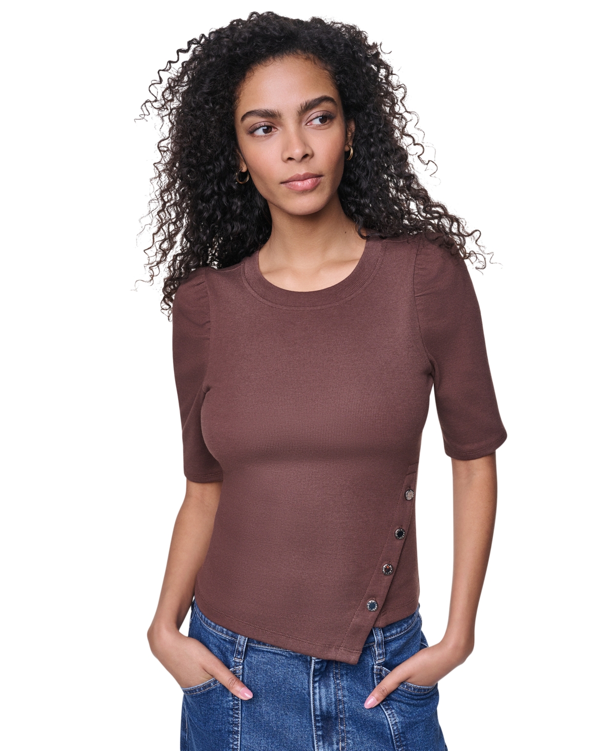 Dkny Jeans Women's Asymmetric Hemline Puff Elbow-Sleeve Top - Chestnut