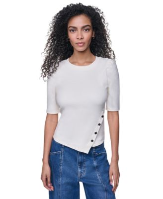 Women's Asymmetric Hemline Puff Elbow-Sleeve Top