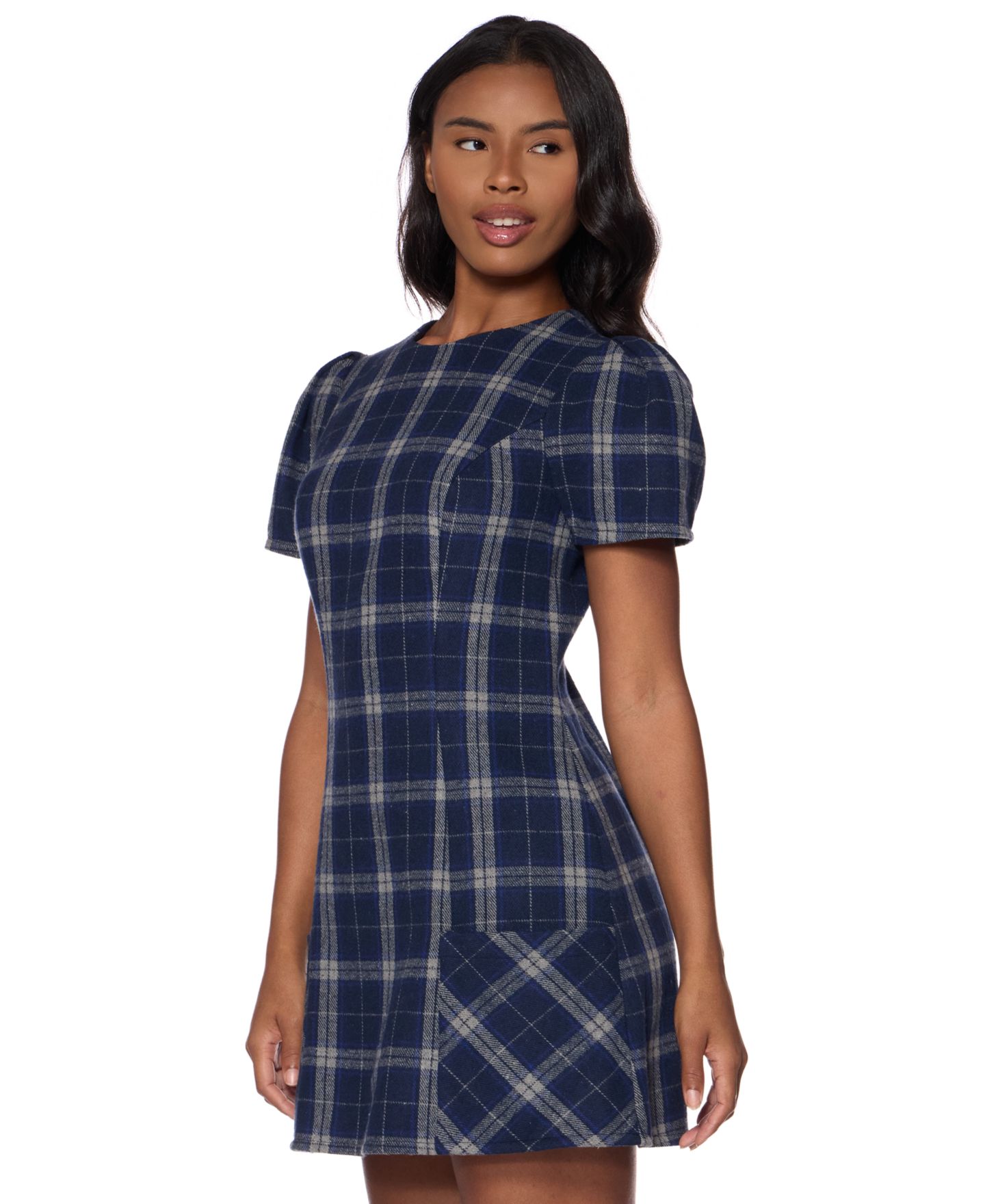 Женское платье Alex & Sophia Juniors' Plaid Puff-Sleeve Mini, цвет: Тёмно-синий / Кремовый — фото 3