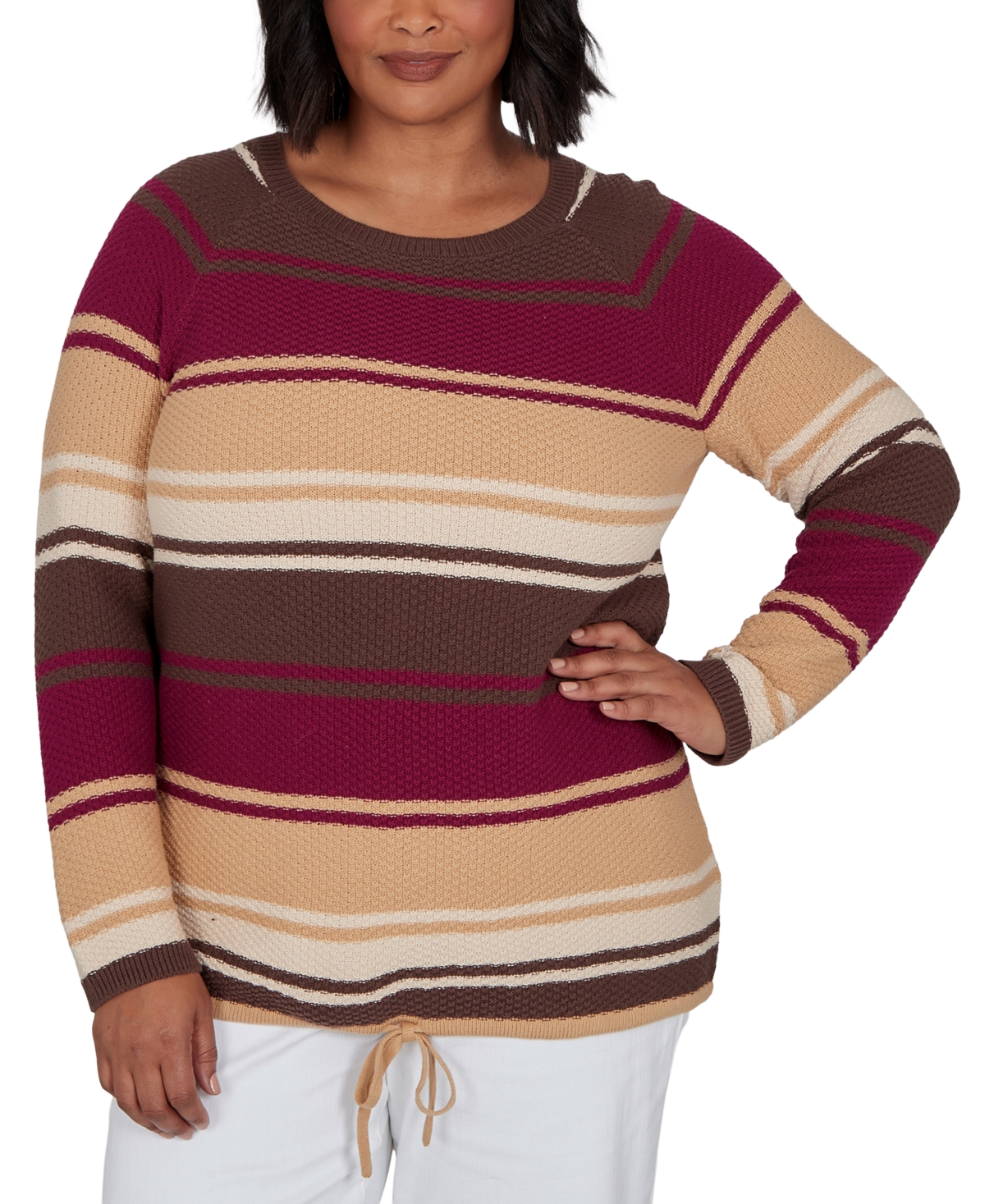 Hearts Of Palm Plus Stripe Long-Sleeve Crewneck Pullover