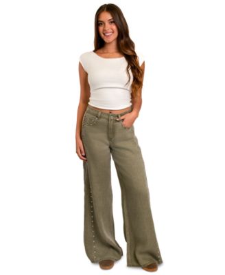 Juniors' High-Waisted Wide-Leg Studded Jeans, 28-1/2" Inseam