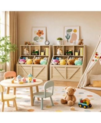 Set of 2 Kids Bookshelf and Toy Storage Organizer, 35.4" Engineered Wood with 3 Cube Shelves and 2 Storage Bins, for Playroom Bedroom Nursery