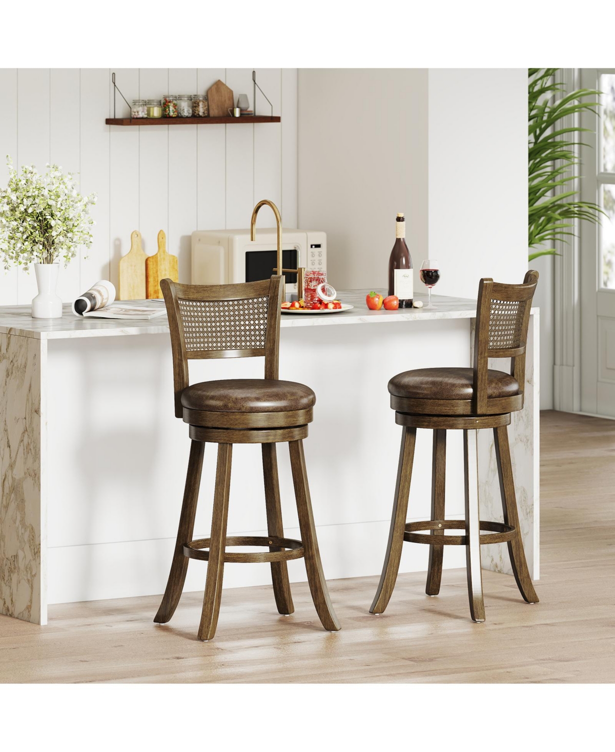 Gymax Set of 2 Bar Stools 30'' Swivel Bar Chairs with Pe Rattan Backrest Bar Height